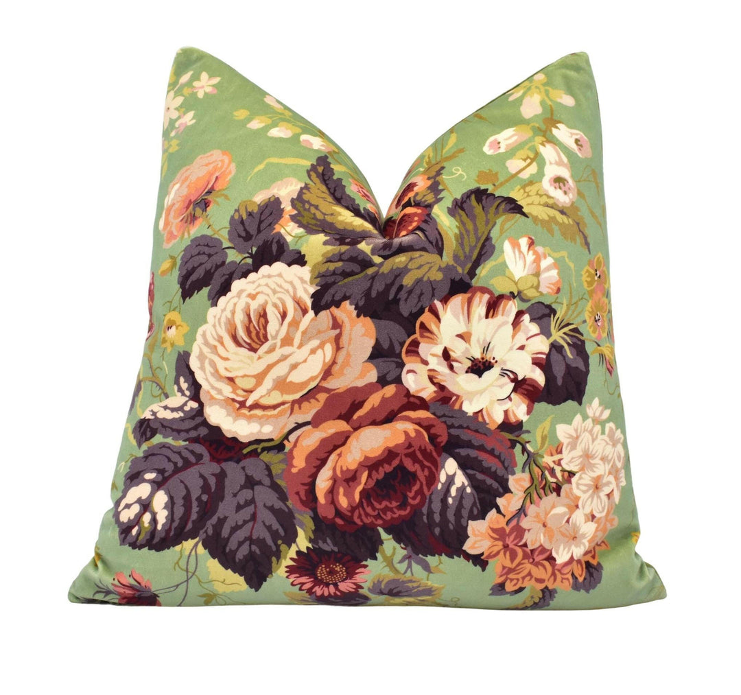Sanderson - Stapleton Park - Squirrel / Olive - Plush Vintage Style Velvet Cushion Cover - Classic Floral Pink Green English Rose Pillow.
