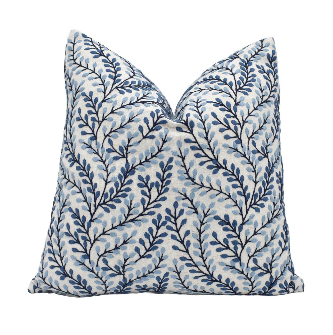Porter & Stone - Shimla - Cornflower - Wonderful Fresh Crisp White Blue Leaf Embroidery Cushion Cover - Elegant Leafy Floral Cotton Pillow.