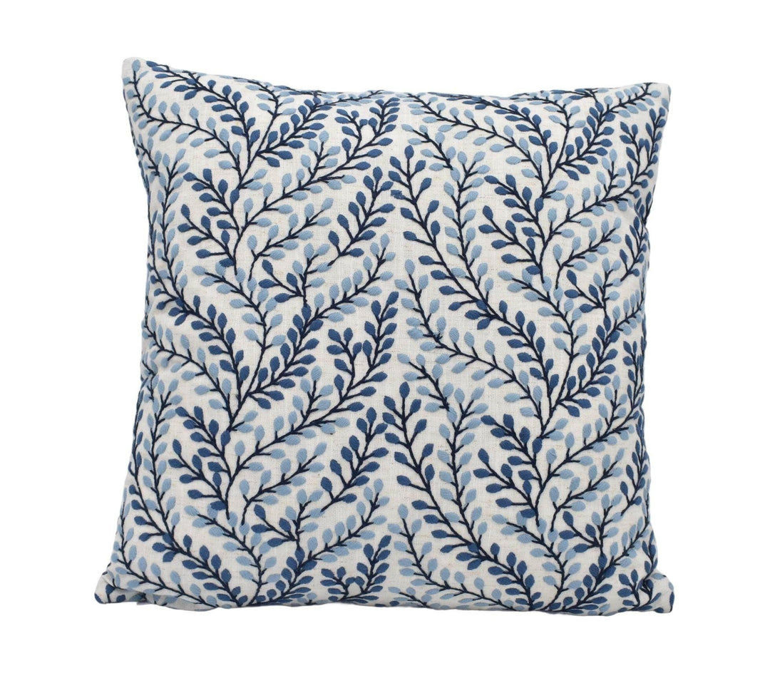Porter & Stone - Shimla - Cornflower - Wonderful Fresh Crisp White Blue Leaf Embroidery Cushion Cover - Elegant Leafy Floral Cotton Pillow.