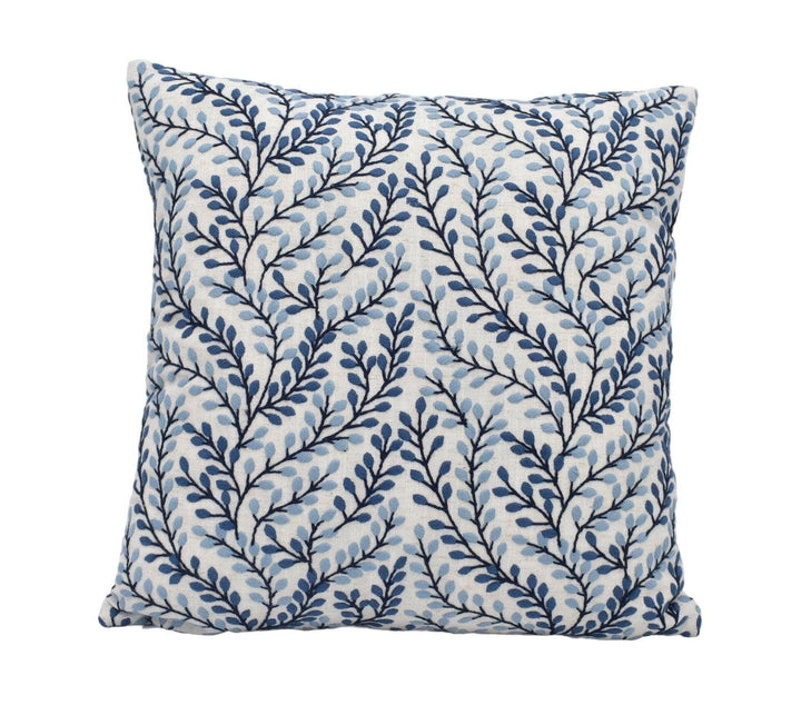 Porter & Stone - Shimla - Cornflower - Wonderful Fresh Crisp White Blue Leaf Embroidery Cushion Cover - Elegant Leafy Floral Cotton Pillow.