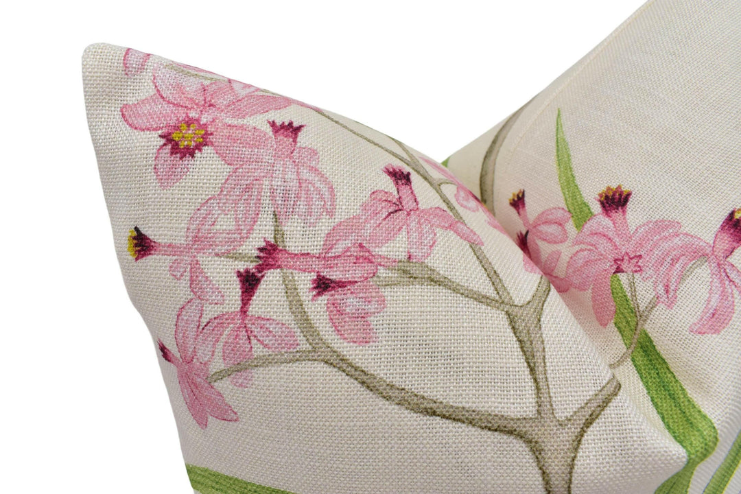 Sanderson - Clementine - Chintz - Painterly Tropical Amazon Trail Jungle Flora Fauna Cushion Cover - Preppy Pink Green Botanical Pillow.