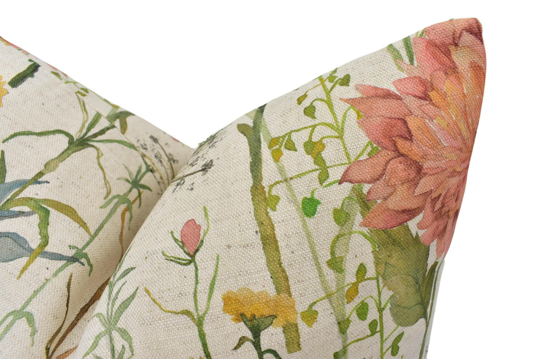 Voyage - Delamere - Linen - Idyllic British Floral Meadow Cotton Cushion Cover - Warm Orange Colourful Spring Flora Fauna Watercolour Pillow.