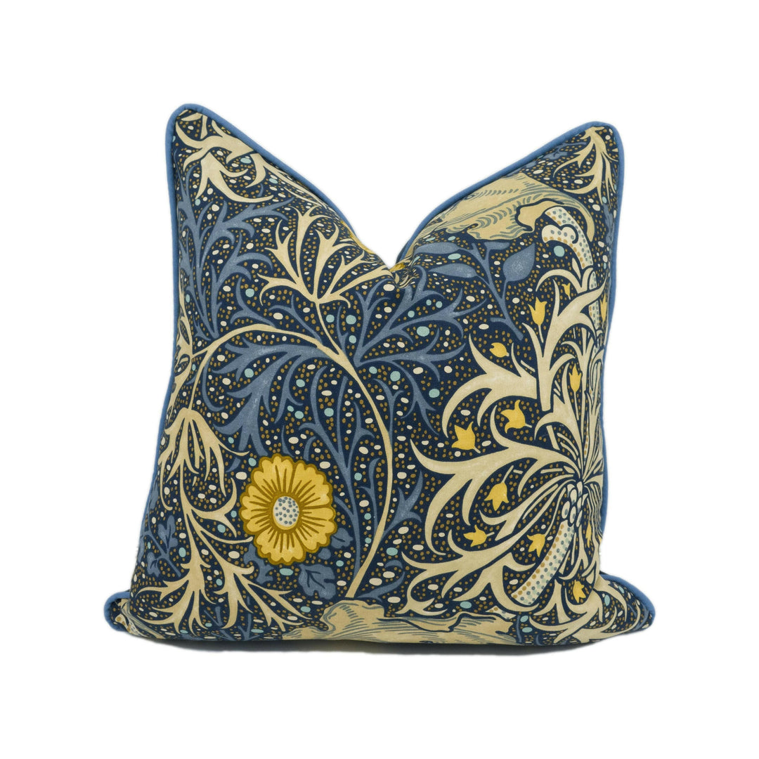 William Morris - Seaweed - Ink / Woad - Classic Morris & Co Art Nouveau Floral Cushion Cover - Blue Yellow Sea Weed Handmade Morris Pillow.