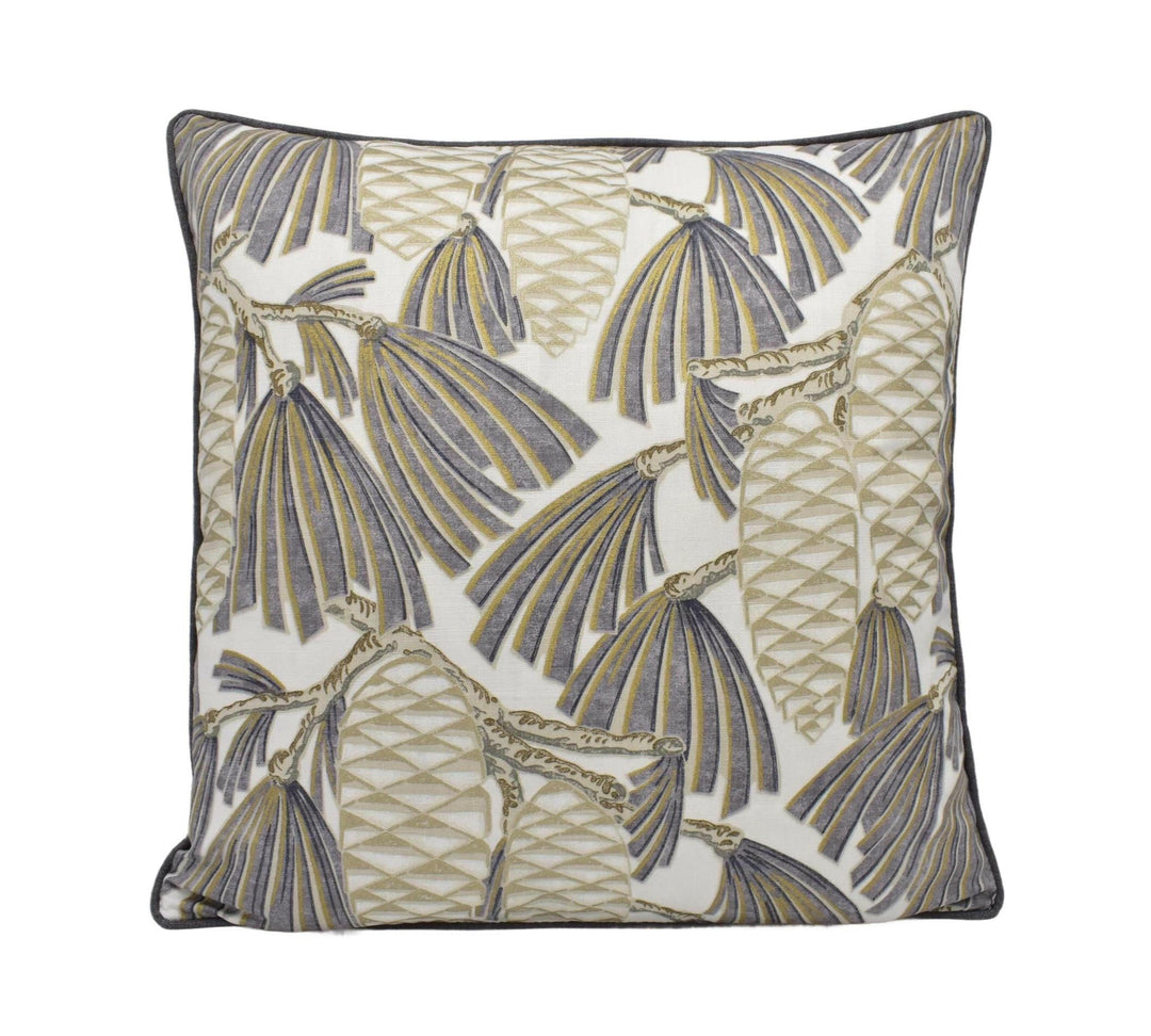 Harlequin - Foxley - Platinum - Soft Metallic Art Deco Pinecones Cushion Cover - Modern Designer Grey Gold Handmade Floral Pillow Cover.