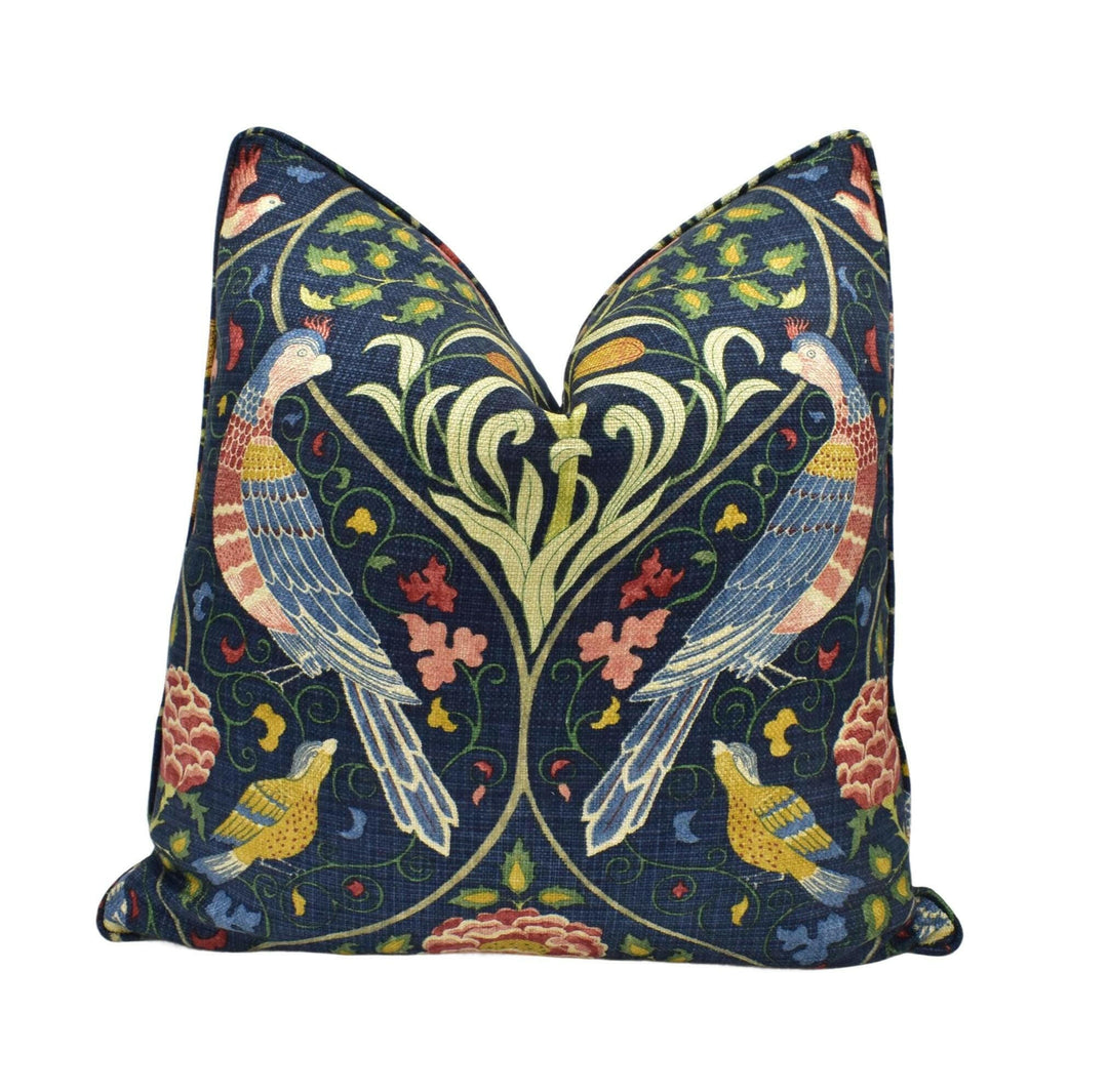 William Morris - Seasons by May - Indigo -  Classic May Morris Mirror Trellis Designer Floral Cushion Cover - Blue Red Yellow Bird Pillow.
