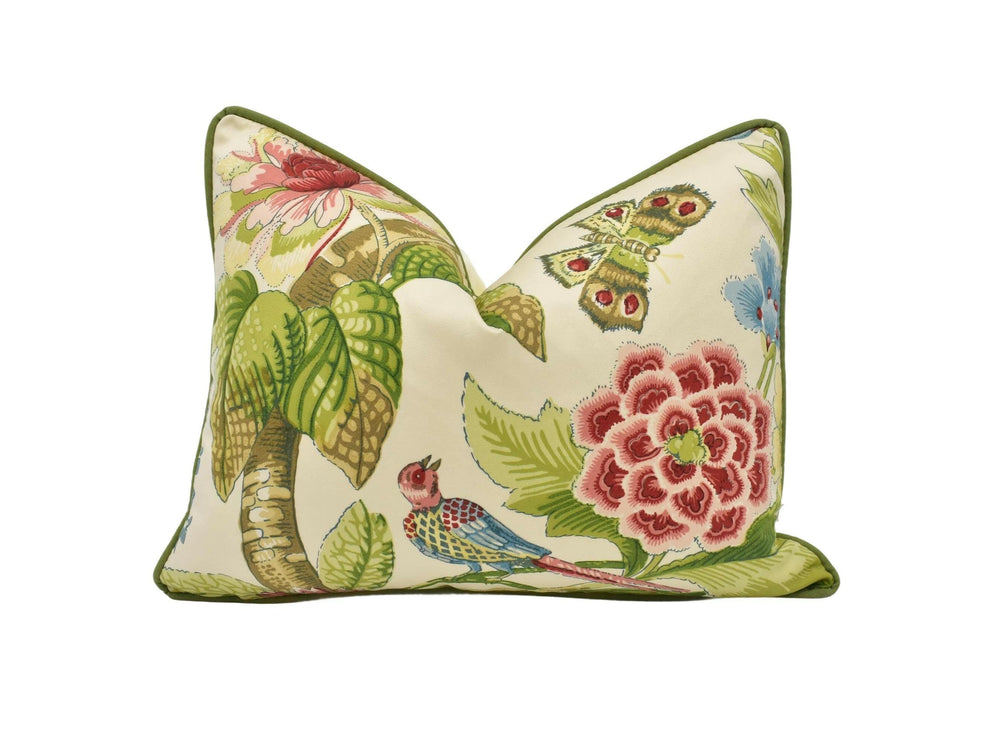 Schumacher - Cranley Garden - Document - Traditional Romantic English Flora & Fauna Designer Cushion Cover - Cream Green Botanical Pillow.