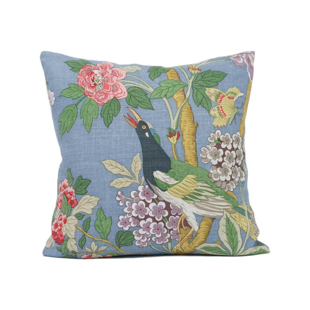 GP & J Baker - Hydrangea Bird - Indigo - Exotic Chinese Bird Designer Cushion Cover - Majestic Blue Pheasant Green Floral Pillow Cover.