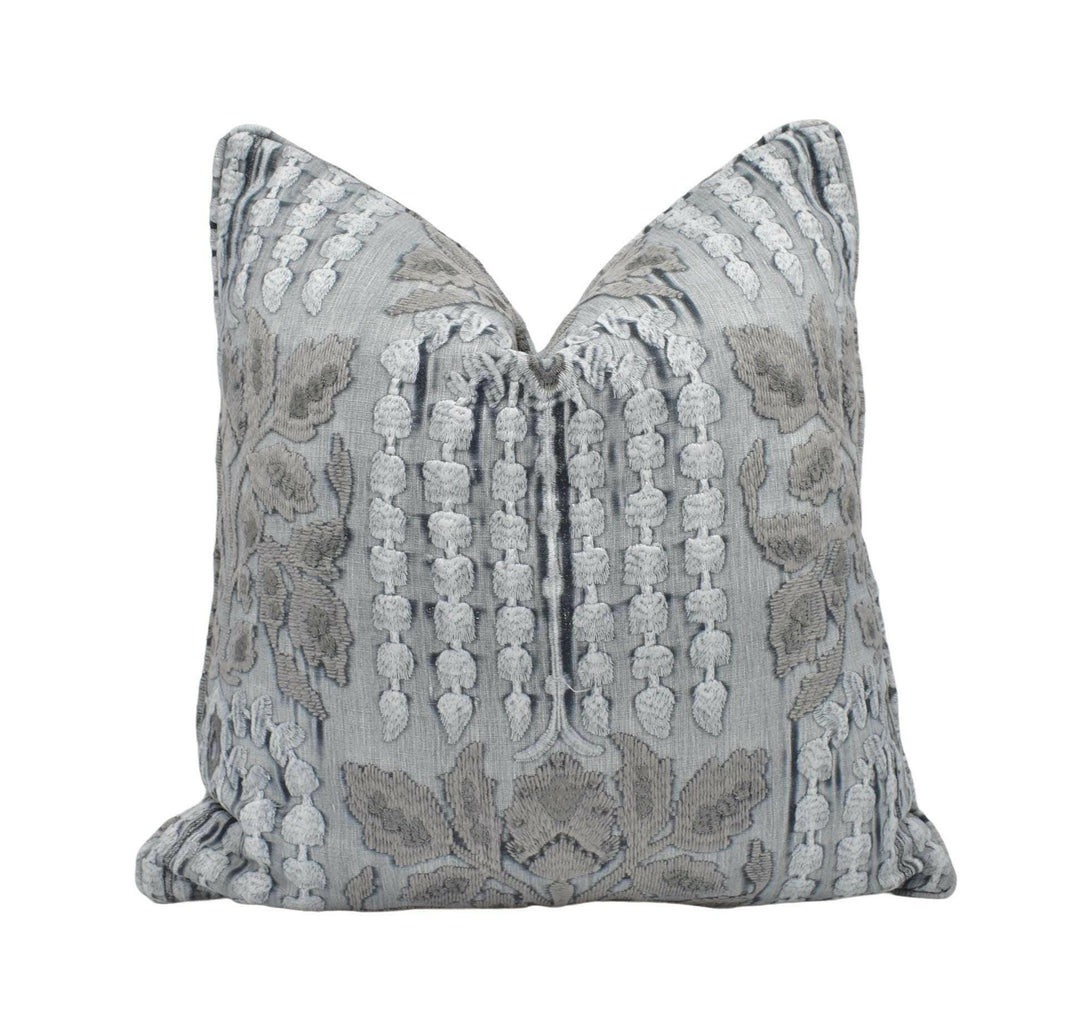 Zoffany - Nirvani Embroidery - Faded Amethyst - Luxury Boho Unique Embroidered Cushion Cover - Blue Grey Gothic Designer Floral Pillow.