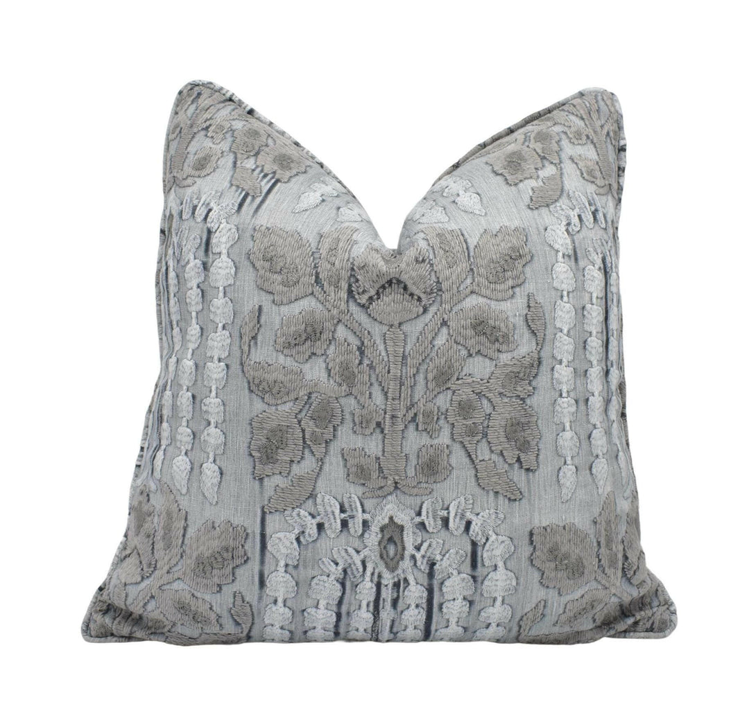 Zoffany - Nirvani Embroidery - Faded Amethyst - Luxury Boho Unique Embroidered Cushion Cover - Blue Grey Gothic Designer Floral Pillow.