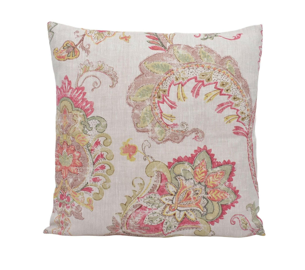 Colefax and Fowler - Cassius - Red / Green - Vintage Style Floral Paisley Pillow Cover - Subtle Cream Herringbone Linen Handmade Cushion.