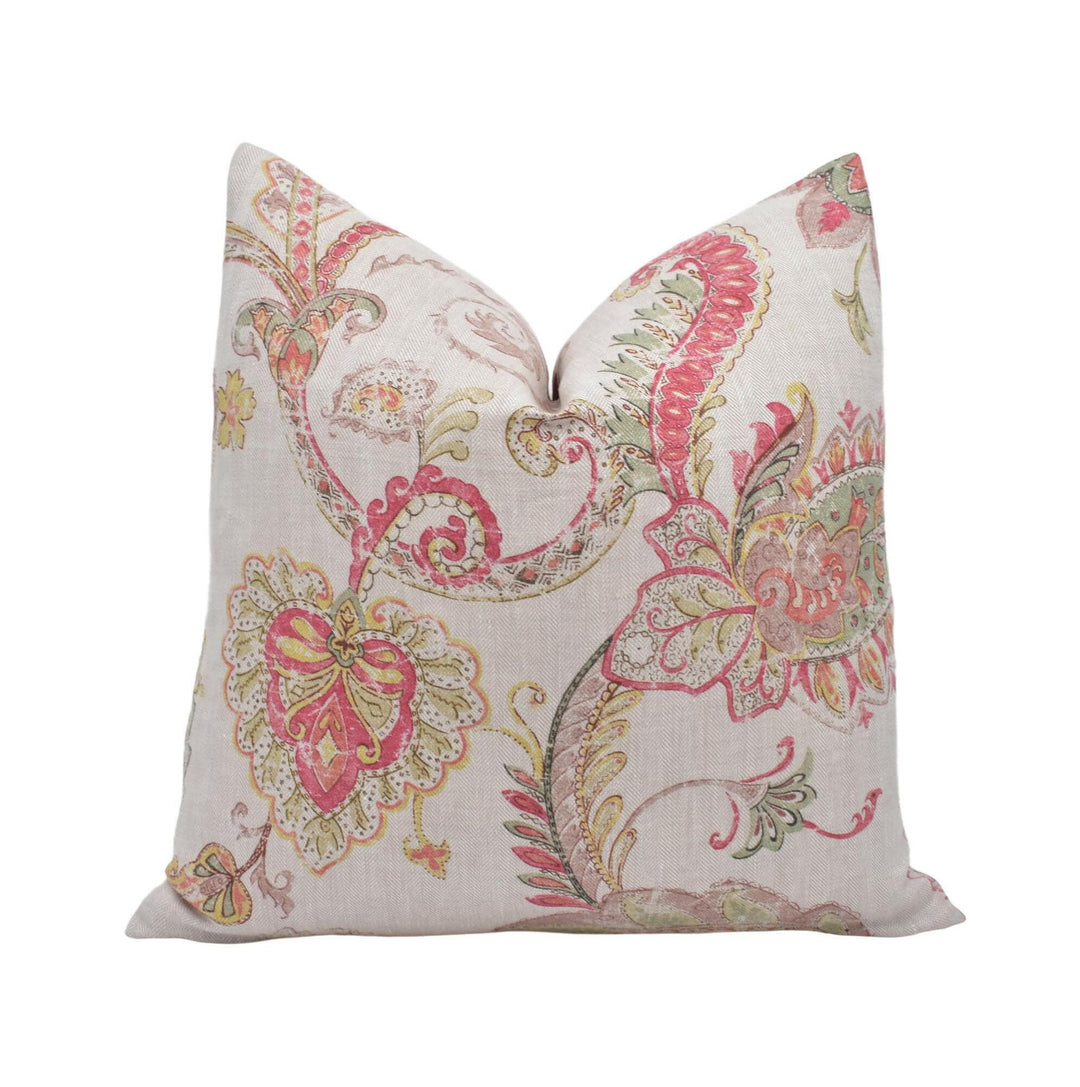 Colefax and Fowler - Cassius - Red / Green - Vintage Style Floral Paisley Pillow Cover - Subtle Cream Herringbone Linen Handmade Cushion.