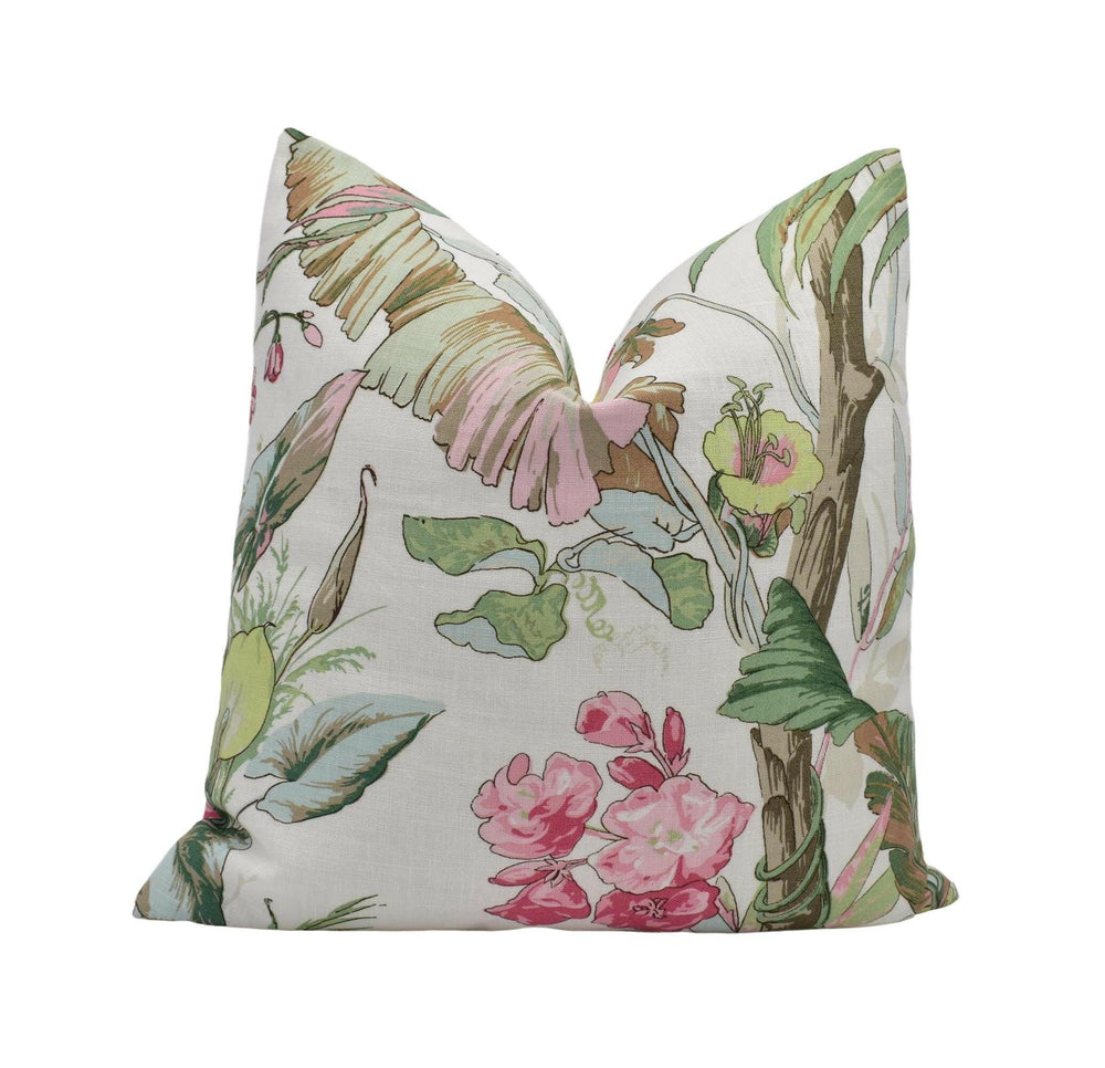 Schumacher - Tropique - Blush - Vintage Style Tropical Designer Floral Cushion Cover - Pink Green 1800's Soft Linen Art Deco Pillow Cover.