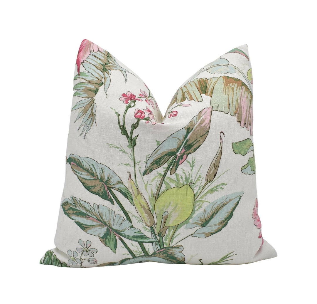 Schumacher - Tropique - Blush - Vintage Style Tropical Designer Floral Cushion Cover - Pink Green 1800's Soft Linen Art Deco Pillow Cover.