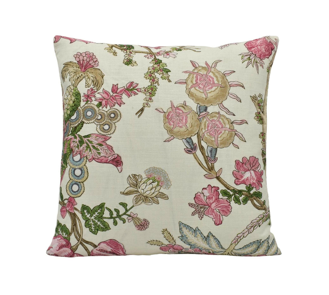 Thibaut - Chatelain - Pink - Designer French Floral Jacobean Cushion Cover - Cream Blush Green Preppy Chic Tree of Life Handmade Pillow.