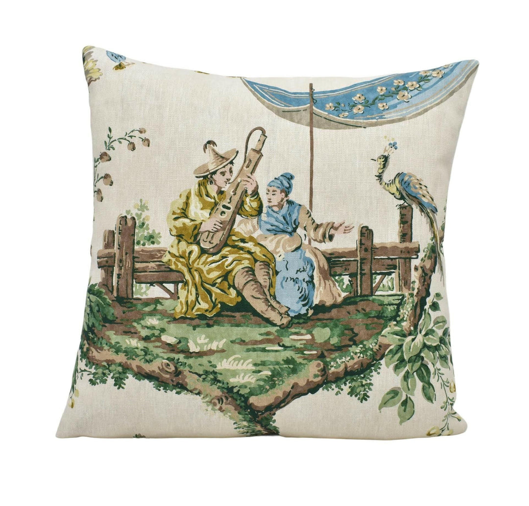 Zoffany - Emperor's Musician - Evergreen - Detailed 18th Century French Chinoiserie Pillow Cover - Blue Green Asian Inspired Floral Cushion.