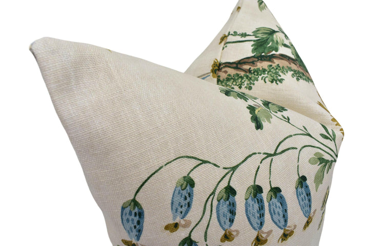Zoffany - Emperor's Musician - Evergreen - Detailed 18th Century French Chinoiserie Pillow Cover - Blue Green Asian Inspired Floral Cushion.