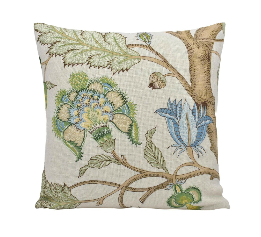 Sarah Bartholomew x Lee Jofa - Palampore Print - Spring - Jacobean Tree of Life Floral Designer Cushion Cover Green Blue Lively Leaf Pillow.