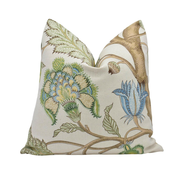 Sarah Bartholomew x Lee Jofa - Palampore Print - Spring - Jacobean Tree of Life Floral Designer Cushion Cover Green Blue Lively Leaf Pillow.
