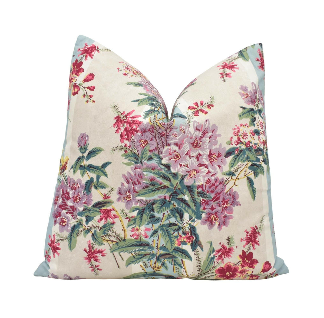 Lisa Fine - Mirabel - Lilac - Vintage Style Floral Designer Stripe Cushion Cover - Blue Cream Pink English Flowers Handmade Cotton Pillow.