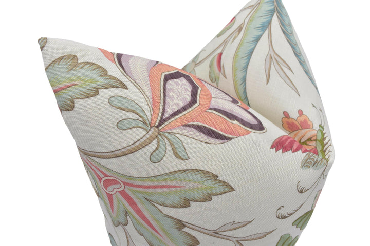 Cowtan and Tout - Arabella - Coral / Sand - Radiant Tropical Flora & Fauna Designer Cushion Cover - Orange Green Botanical Jungle Pillow.