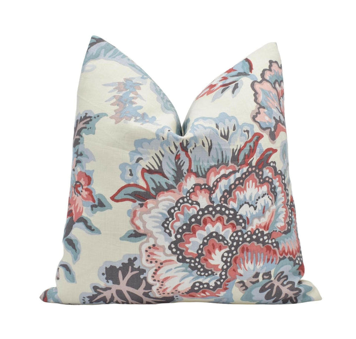 Cowtan and Tout - Palmerston - Rose / Aqua - Stunning Botanical Floral Designer Cushion Cover - Blue Pink Classic Handmade Linen Floral.