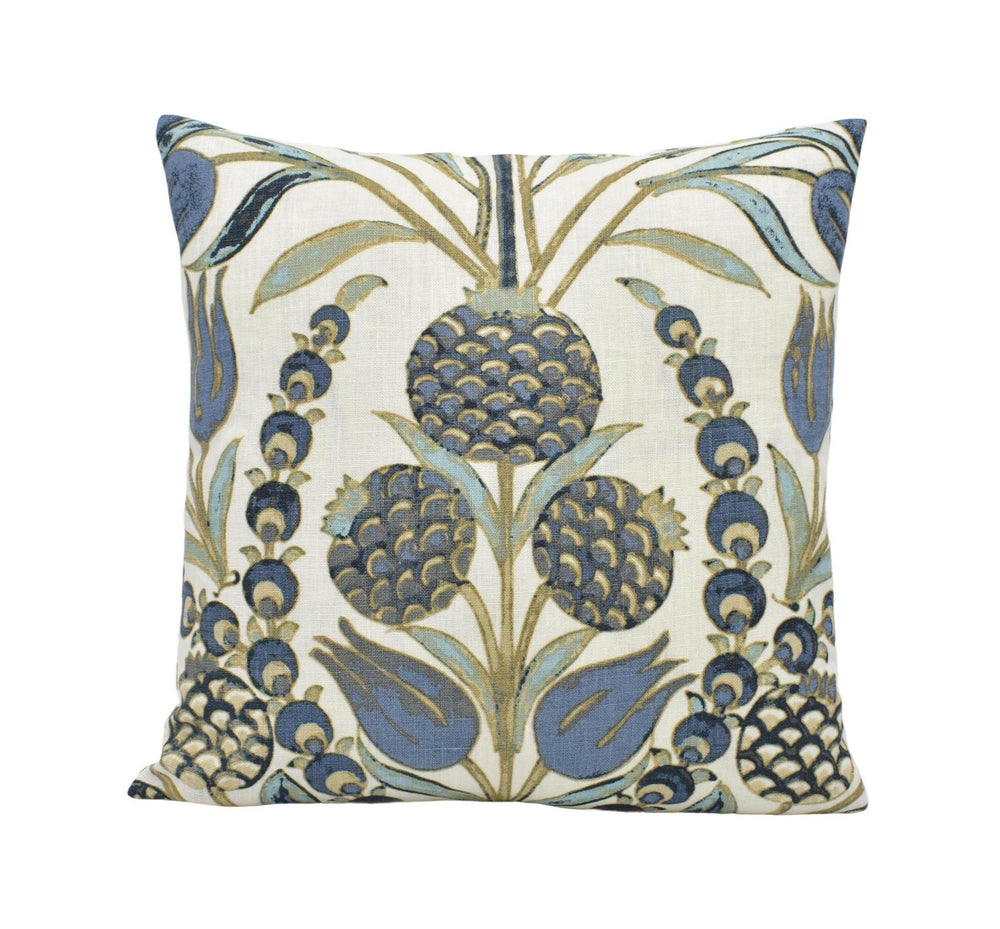 Thibaut - Corneila - Aqua and Blue - Indian Handprinted Designer Floral Cushion Cover - Navy Gold Moroccan Tulip Pomegranate Linen Pillow.