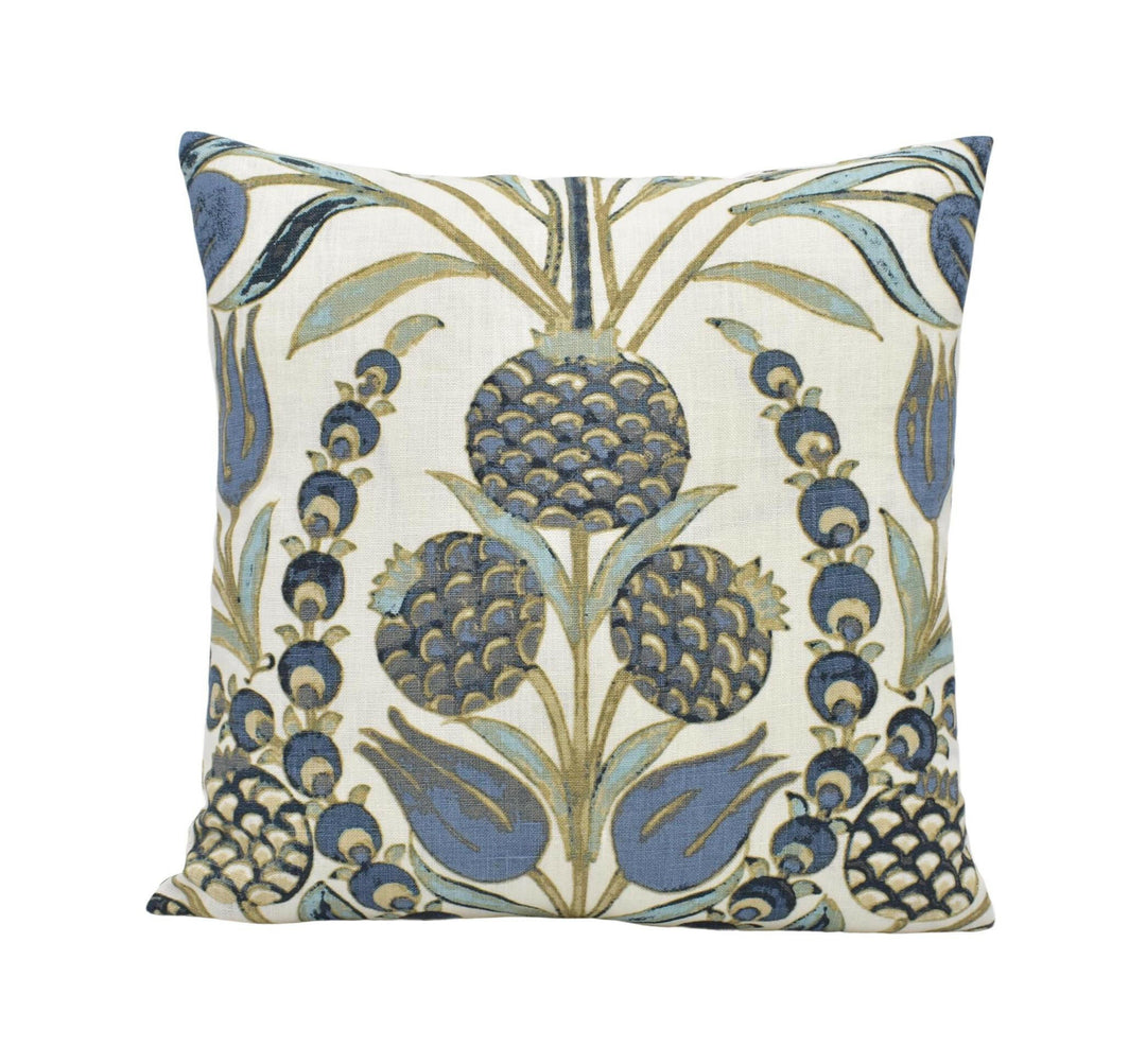 Thibaut - Corneila - Aqua and Blue - Indian Handprinted Designer Floral Cushion Cover - Navy Gold Moroccan Tulip Pomegranate Linen Pillow.