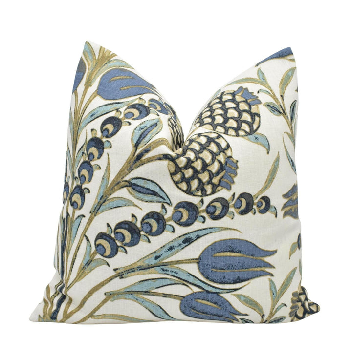 Thibaut - Corneila - Aqua and Blue - Indian Handprinted Designer Floral Cushion Cover - Navy Gold Moroccan Tulip Pomegranate Linen Pillow.
