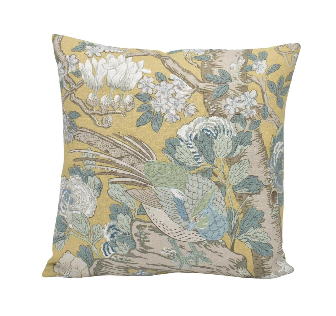 GP & J Baker - Rockbird Signature - Ochre - Yellow Floral Magnolia Bird Cushion Cover - Colourful Chinese Pheasant Exotic Botanical Pillow.
