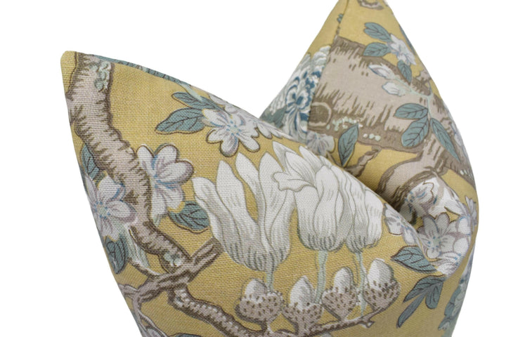 GP & J Baker - Rockbird Signature - Ochre - Yellow Floral Magnolia Bird Cushion Cover - Colourful Chinese Pheasant Exotic Botanical Pillow.