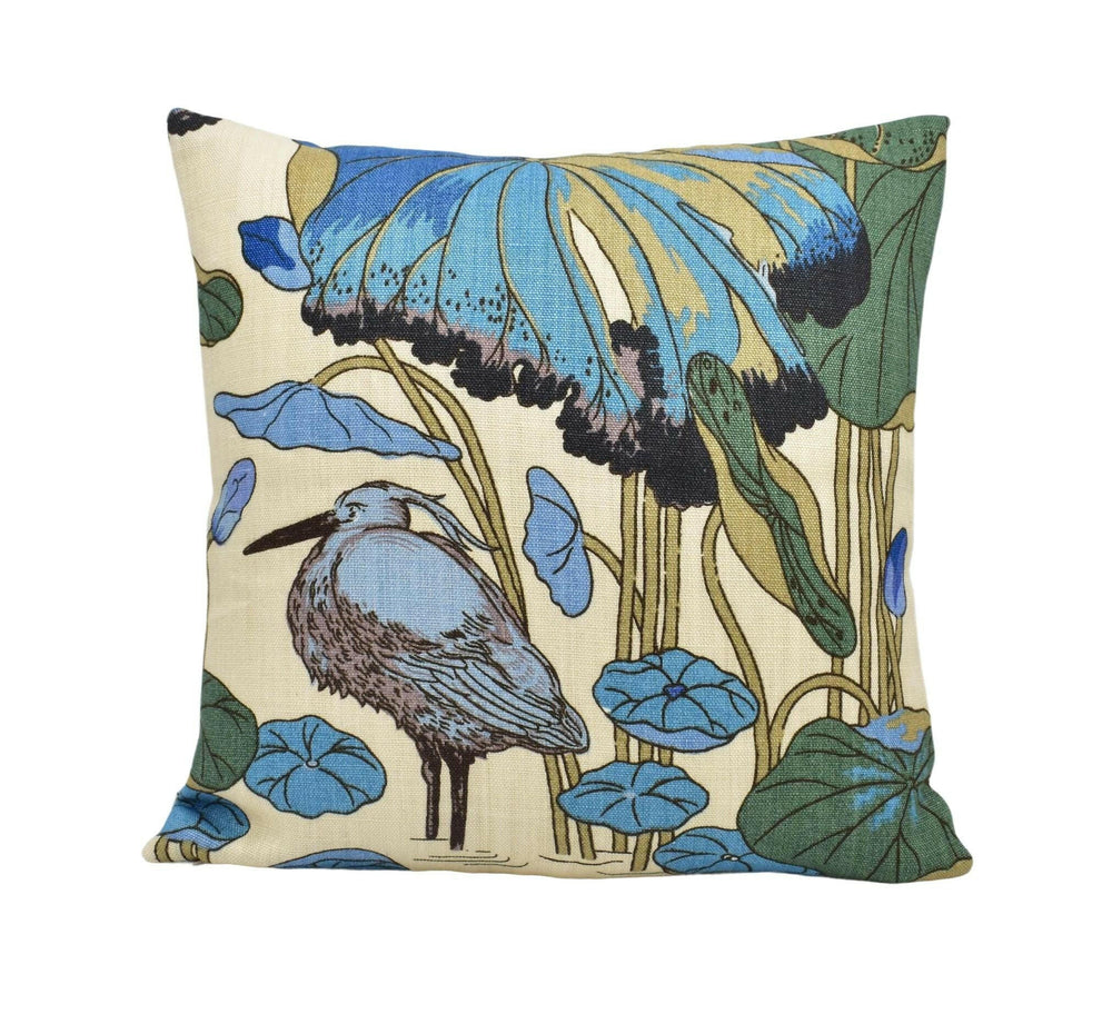 GP & J Baker - Nympheus - Aqua / Teal - Classic Baker Kingfisher Lily Pad Designer Linen Cushion - Blue Green Flora Fauna Bird Pillow.