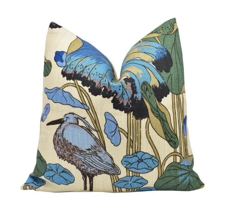 GP & J Baker - Nympheus - Aqua / Teal - Classic Baker Kingfisher Lily Pad Designer Linen Cushion - Blue Green Flora Fauna Bird Pillow.
