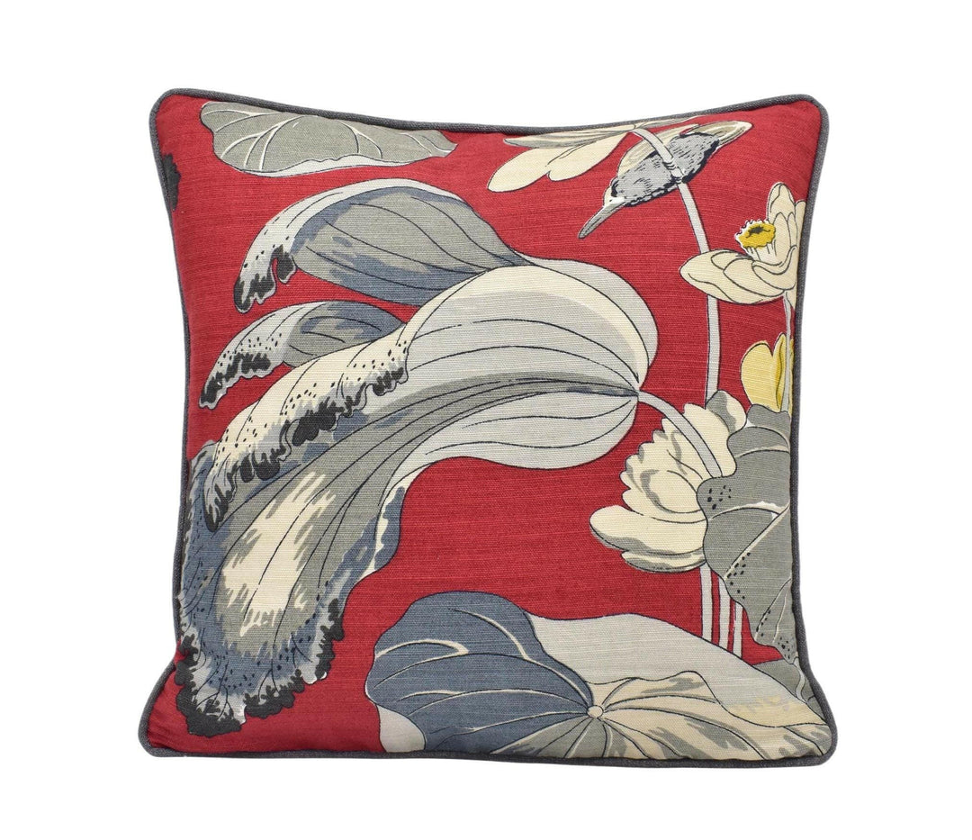 G P and J Baker - Nympheus - Red - Classic Baker Kingfisher Lily Pad Designer Linen Cushion - Red Grey Flora Fauna Bird Pillow.