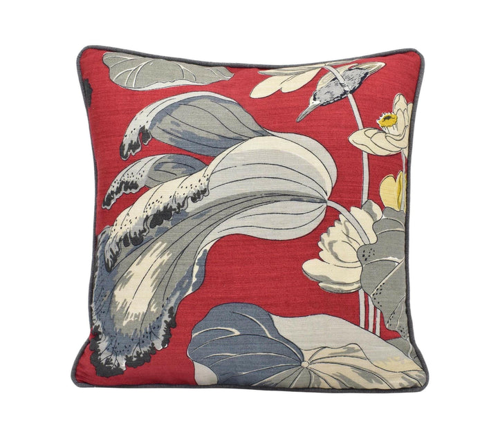 G P and J Baker - Nympheus - Red - Classic Baker Kingfisher Lily Pad Designer Linen Cushion - Red Grey Flora Fauna Bird Pillow.