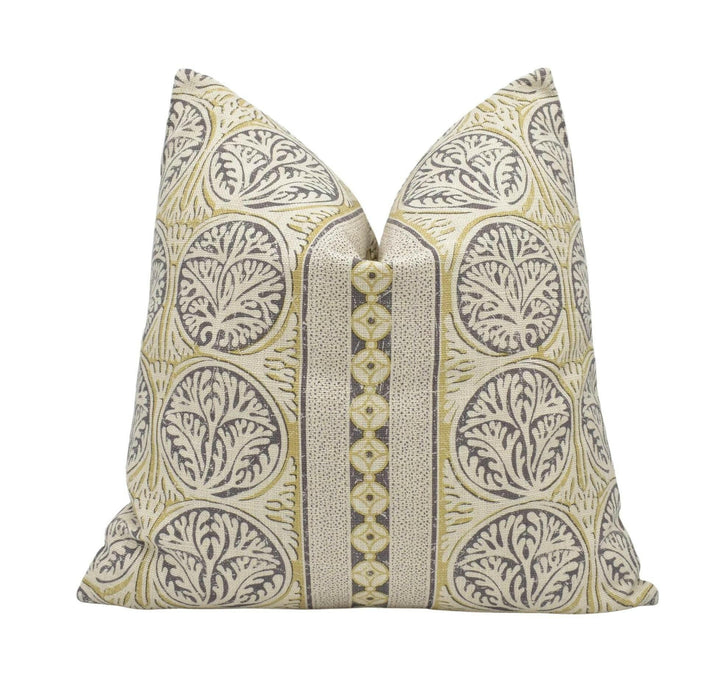 Thibaut - Fair Isle - Grey - Playful Stripe Seaweed Motif Cushion Cover - Yellow Beige Antique Stripy Ochre Handmade Cotton Muslin Pillow.