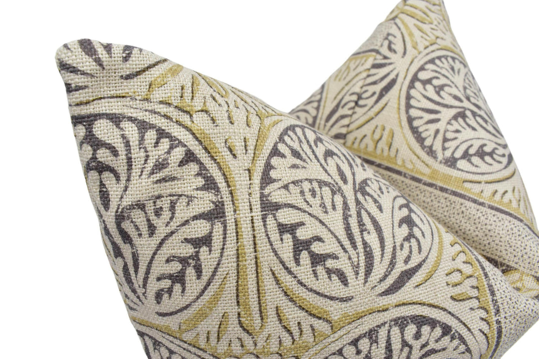 Thibaut - Fair Isle - Grey - Playful Stripe Seaweed Motif Cushion Cover - Yellow Beige Antique Stripy Ochre Handmade Cotton Muslin Pillow.