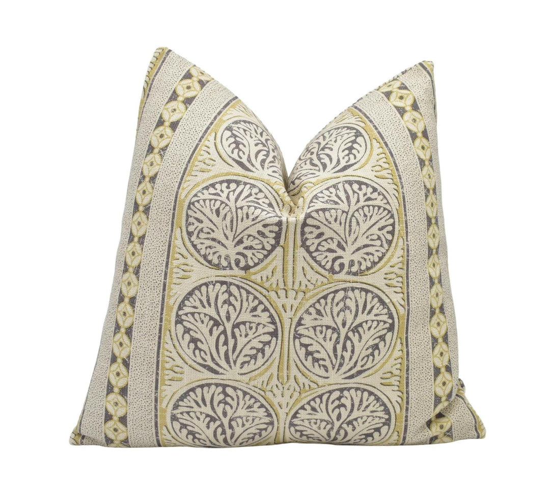 Thibaut - Fair Isle - Grey - Playful Stripe Seaweed Motif Cushion Cover - Yellow Beige Antique Stripy Ochre Handmade Cotton Muslin Pillow.