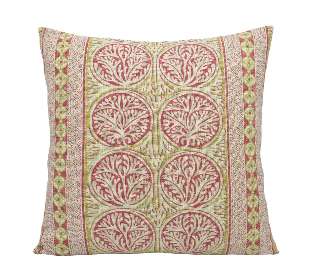 Thibaut - Fair Isle - Red - Playful Stripe Seaweed Motif Cushion Cover - Yellow Beige Antique Stripy Ochre Handmade Cotton Muslin Pillow.