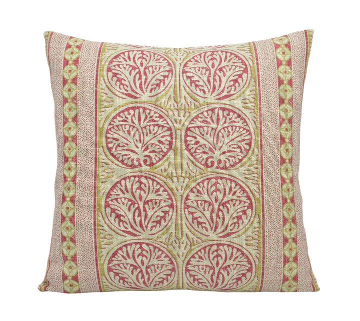 Thibaut - Fair Isle - Red - Playful Stripe Seaweed Motif Cushion Cover - Yellow Beige Antique Stripy Ochre Handmade Cotton Muslin Pillow.