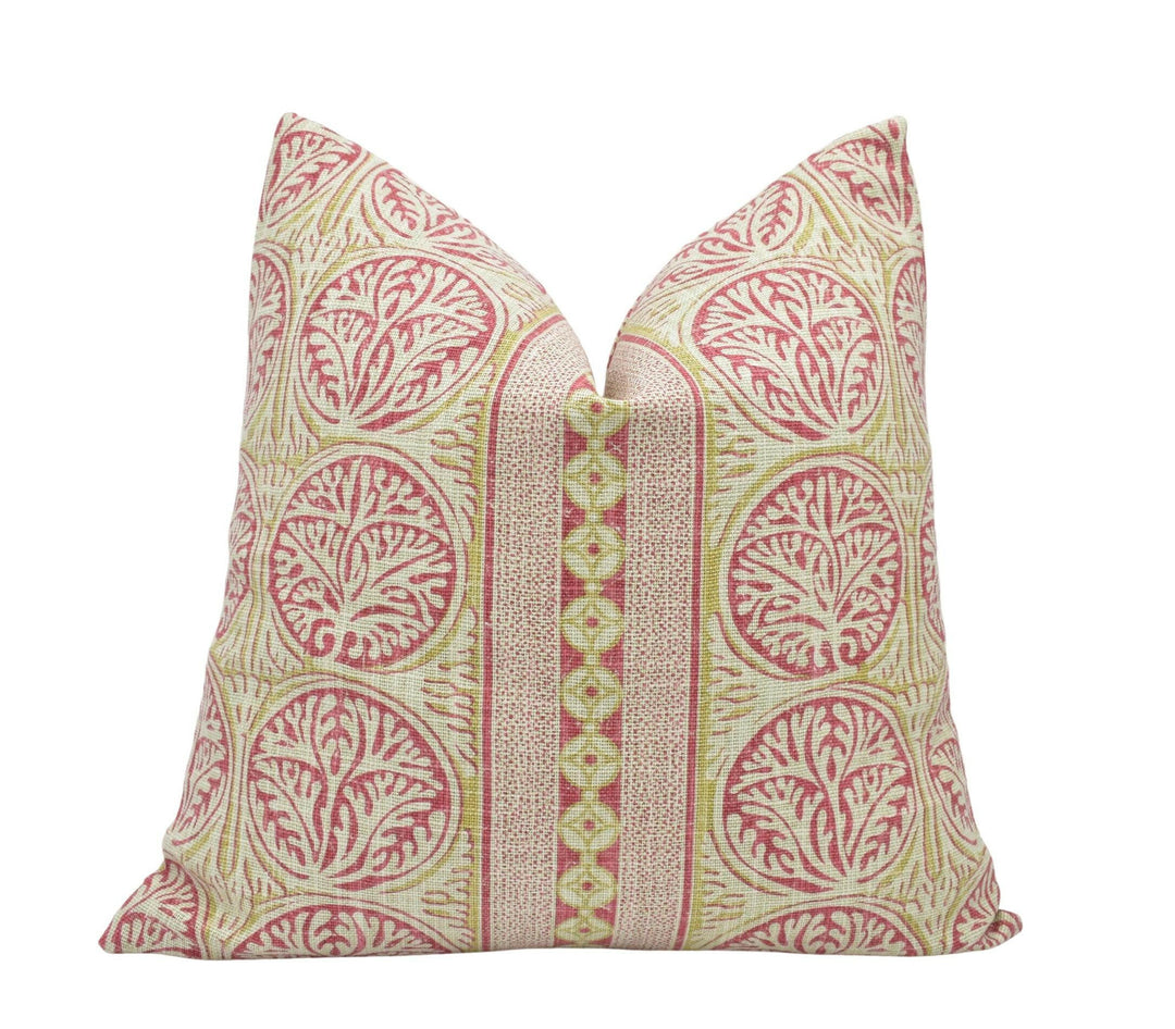 Thibaut - Fair Isle - Red - Playful Stripe Seaweed Motif Cushion Cover - Yellow Beige Antique Stripy Ochre Handmade Cotton Muslin Pillow.