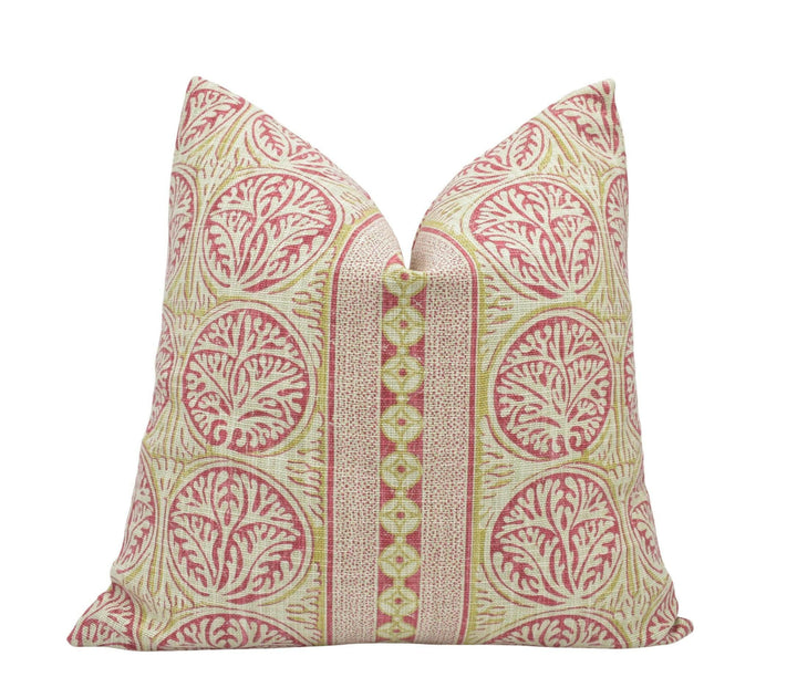 Thibaut - Fair Isle - Red - Playful Stripe Seaweed Motif Cushion Cover - Yellow Beige Antique Stripy Ochre Handmade Cotton Muslin Pillow.