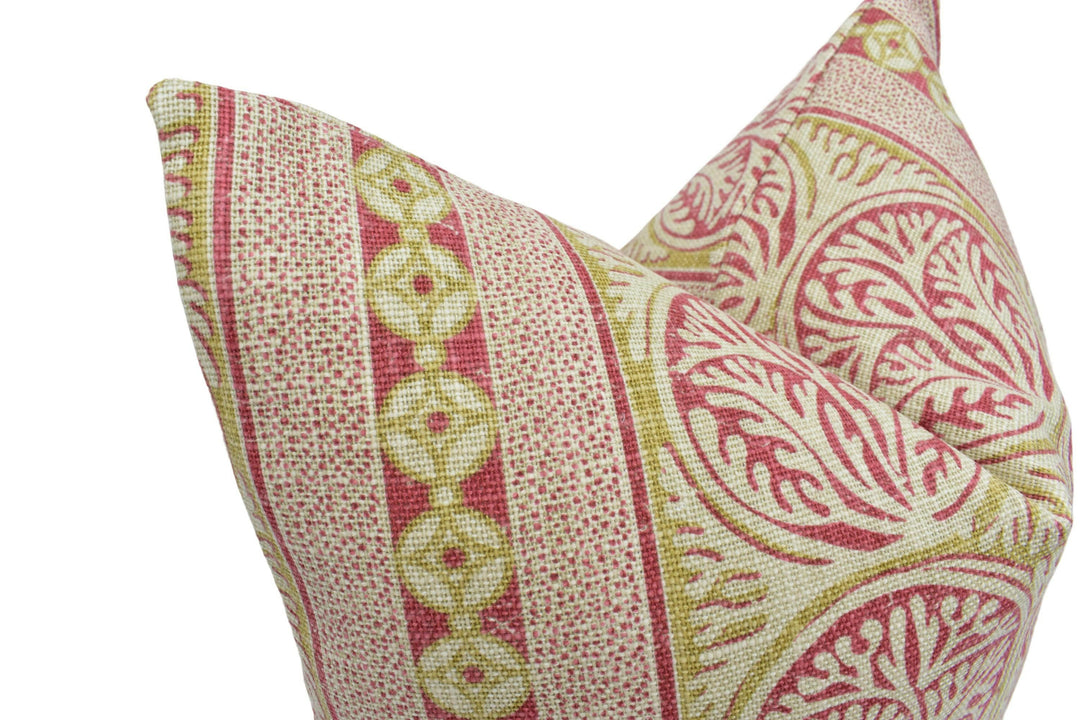 Thibaut - Fair Isle - Red - Playful Stripe Seaweed Motif Cushion Cover - Yellow Beige Antique Stripy Ochre Handmade Cotton Muslin Pillow.