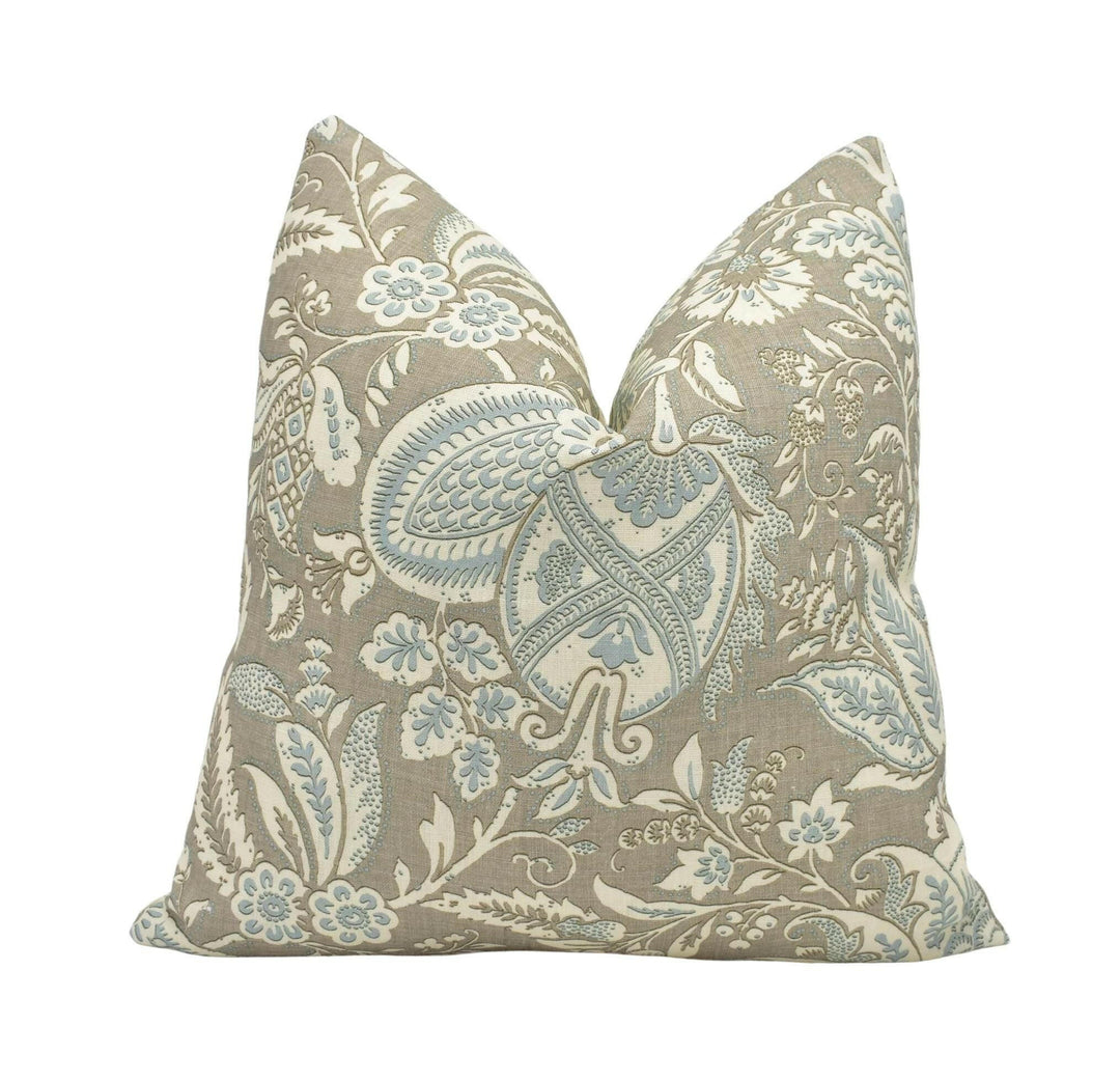 Lewis & Wood x Serge Maury - Wykeham - Casement - French Ethnic Floral Damask Cushion Cover Grey Blue Contemporary Large Scale Floral Pillow.