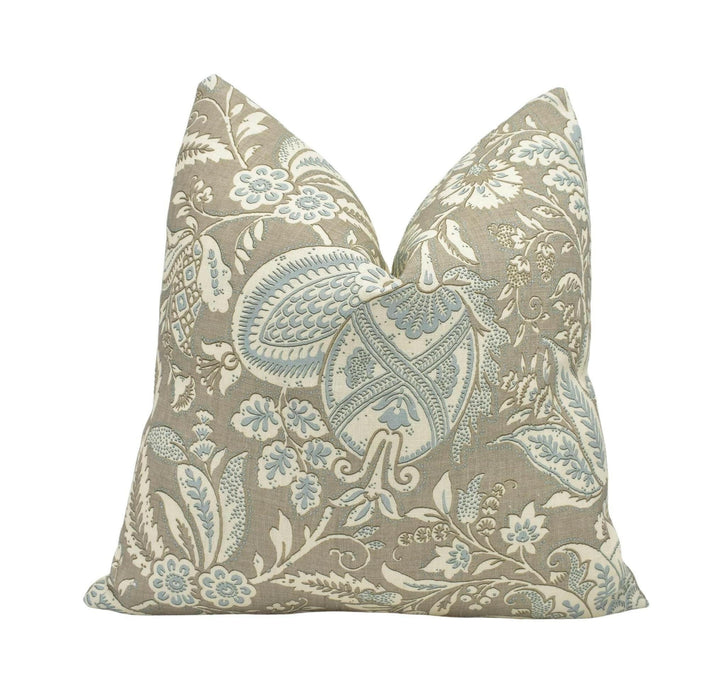 Lewis & Wood x Serge Maury - Wykeham - Casement - French Ethnic Floral Damask Cushion Cover Grey Blue Contemporary Large Scale Floral Pillow.