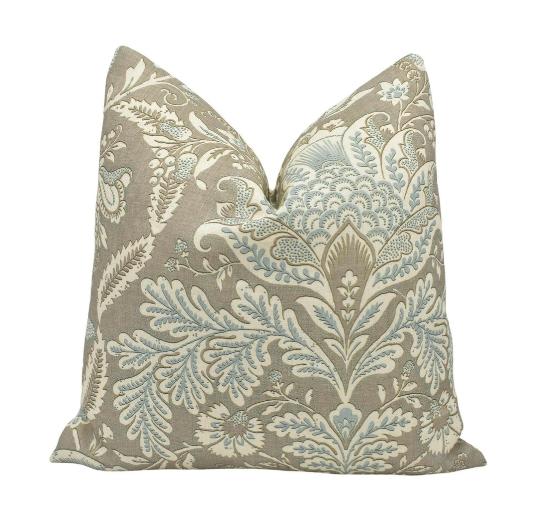 Lewis & Wood x Serge Maury - Wykeham - Casement - French Ethnic Floral Damask Cushion Cover Grey Blue Contemporary Large Scale Floral Pillow.