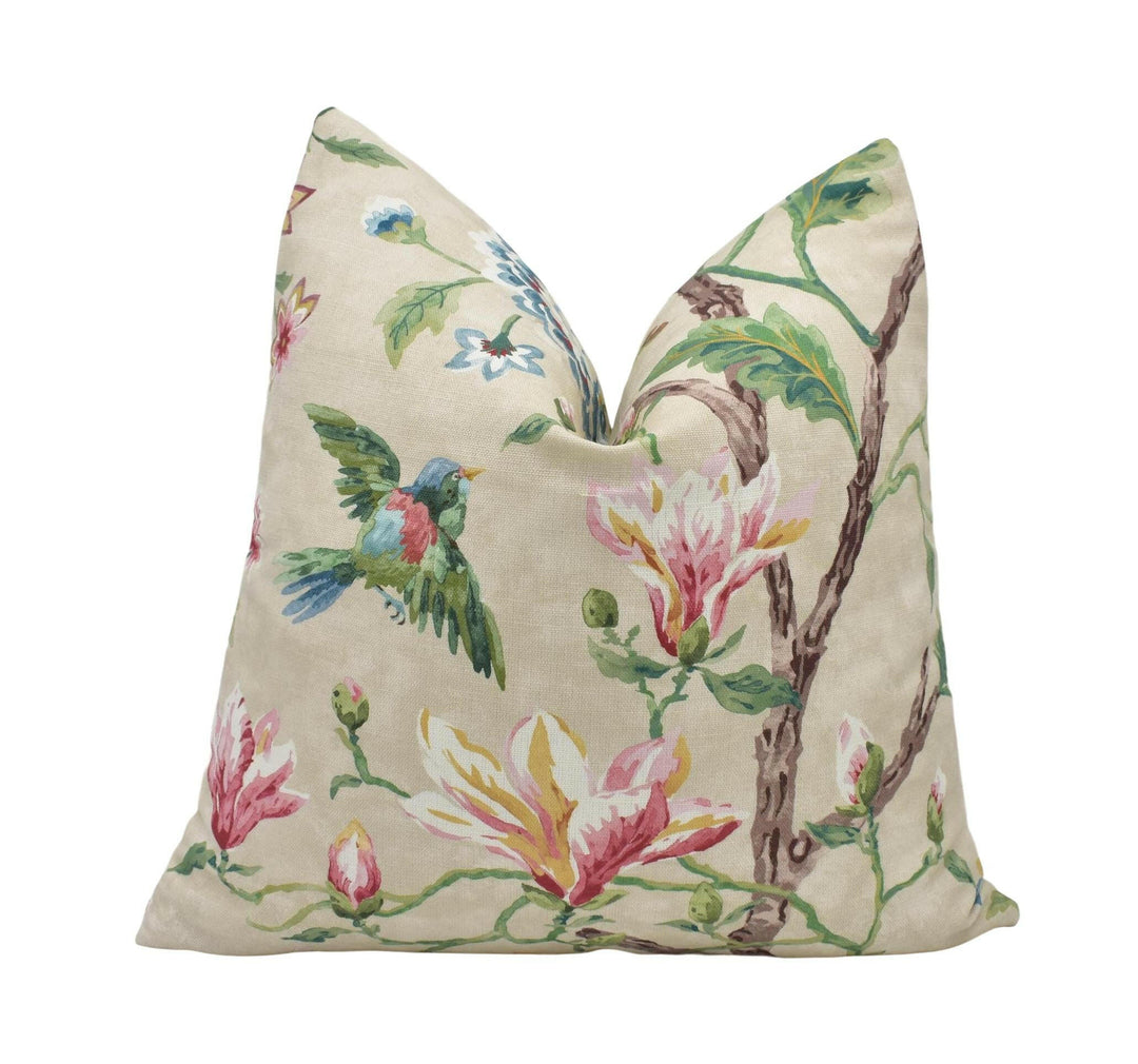 Colefax and Fowler - Belgrove - Pink / Green - Charming 18th Century Chinoiserie Floral Cushion Cover Vibrant Magnolia Designer Bird Pillow.