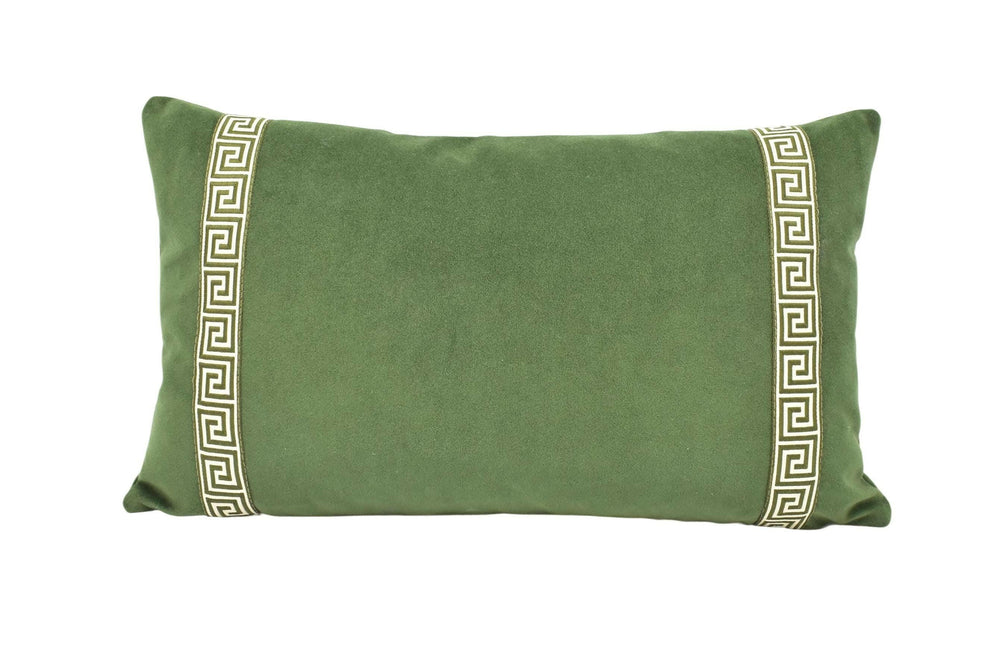 Harlequin - Performance Velvet - Forest - High Quality Luxury Resistant Velvet Cushion Cover - Olive Green Greek Key Tape Trim Custom Pillow.