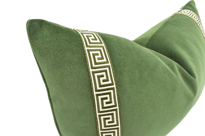 Harlequin - Performance Velvet - Forest - High Quality Luxury Resistant Velvet Cushion Cover - Olive Green Greek Key Tape Trim Custom Pillow.