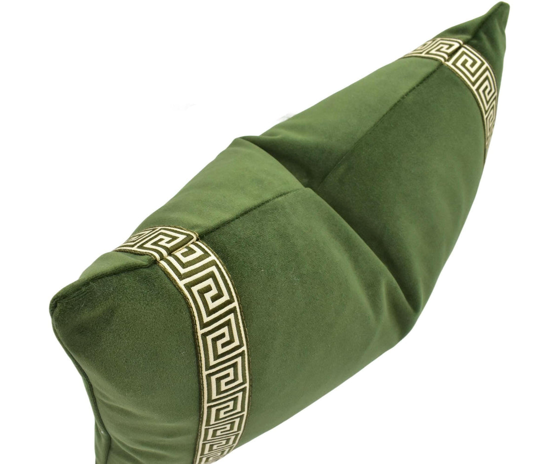 Harlequin - Performance Velvet - Forest - High Quality Luxury Resistant Velvet Cushion Cover - Olive Green Greek Key Tape Trim Custom Pillow.