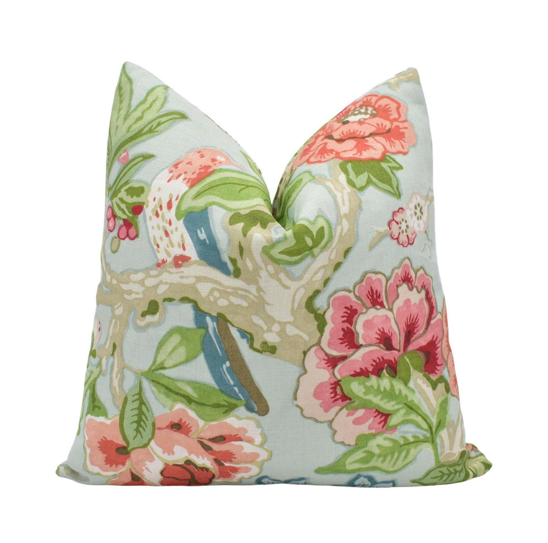 Mary McDonald x Schumacher - Bermuda Blossoms - Aqua - Bold Blue Traditional Floral Japanese Cushion Cover - Colourful Pink Bird Pillow.